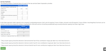 Service
Emphasis
The following analysis of selected data is for each of the two services Gates Corporation provides.
Service A Service B
Per-service data at 10,000 services
Sales price
Service costs:
Variable
Fixed
Selling and administrative expenses:
Variable
Fixed
Revenue
Less: Variable cost
Contribution margin
Labor hours per unit
Contribution margin per labor hour $
5
Check
S
$27
A
7
6
In the Gates operation, labor capacity is the company's constraining resource. Each unit of A requires 3 hours of labor, and each unit of B requires 2 hours of labor. Assuming that all services can be
sold at a normal price, prepare an analysis showing which of the two services should be provided with any unused productive capacity that Gates might have.
5
3
Service
$
$
$23
$
8
4
3
1
B
CAny unused capacity should be devoted to Service B, which has $1 less contribution margin per labor hour than does Service A.
CAny unused capacity should be devoted to Service A, which has $1 more contribution margin per labor hour than does Service A.
CAny unused capacity should be devoted to Service B, which has $1 more contribution margin per labor hour than does Service A.
↑