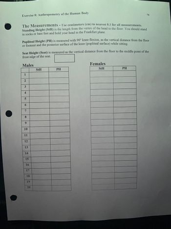 Exercise 8: Anthropometry of the Human Body
The Measurements - Use centimeters (cm) to nearest 0.1 for all measurements.
Standing Height (StH) is the length from the vertex of the head to the floor. You should stand
in socks or bare feet and hold your head in the Frankfurt plane.
78
Popliteal Height (PH) is measured with 90° knee flexion, as the vertical distance from the floor
or footrest and the posterior surface of the knee (popliteal surface) while sitting.
Seat Height (Seat) is measured as the vertical distance from the floor to the middle point of the
front edge of the seat.
Males
StH
PH
Females
StH
PH
1
2
3
4
5
6
7
8
9
10
11
12
13
14
15
16
17
18
19
20