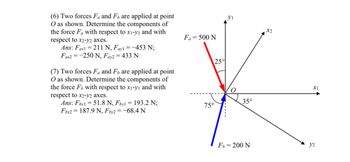 (6) Two forces Fa and Fb are applied at point
O as shown. Determine the components of
the force Fa with respect to x1-yı and with
respect to x2-y2 axes.
Ans: Fax1 =211 N, Fayl =-453 N;
Fax2 -250 N, Fay2 = 433 N
(7) Two forces Fa and Fb are applied at point
O as shown. Determine the components of
the force Fb with respect to x1-yı and with
respect to x2-y2 axes.
Ans: Fbx151.8 N, Fbyl = 193.2 N;
Fbx2 187.9 N, Fby2 = -68.4 N
Fa= 500 N
25°
yi
X2
X1
35°
75°
Fb = 200 N
y2