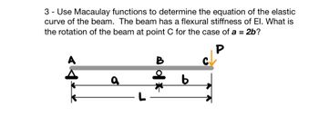 3- Use Macaulay functions to determine the equation of the elastic
curve of the beam. The beam has a flexural stiffness of El. What is
the rotation of the beam at point C for the case of a = 2b?
<<**
a
d*
b
P
c↓