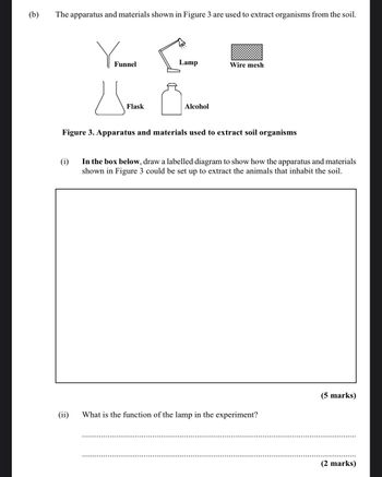 (b)
The apparatus and materials shown in Figure 3 are used to extract organisms from the soil.
Y
Funnel
Lamp
Wire mesh
凸
Alcohol
ハ
Flask
Figure 3. Apparatus and materials used to extract soil organisms
(i)
In the box below, draw a labelled diagram to show how the apparatus and materials
shown in Figure 3 could be set up to extract the animals that inhabit the soil.
(5 marks)
(ii)
What is the function of the lamp in the experiment?
(2 marks)