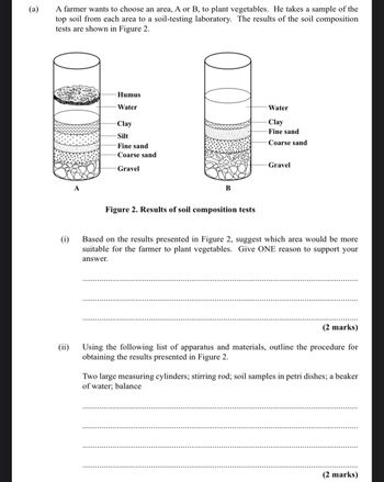 (a)
A farmer wants to choose an area, A or B, to plant vegetables. He takes a sample of the
top soil from each area to a soil-testing laboratory. The results of the soil composition
tests are shown in Figure 2.
(ii)
(i)
Humus
Water
Clay
Silt
Fine sand
Coarse sand
Gravel
1000
B
Figure 2. Results of soil composition tests
Water
Clay
Fine sand
Coarse sand
Gravel
Based on the results presented in Figure 2, suggest which area would be more
suitable for the farmer to plant vegetables. Give ONE reason to support your
answer.
(2 marks)
Using the following list of apparatus and materials, outline the procedure for
obtaining the results presented in Figure 2.
Two large measuring cylinders; stirring rod; soil samples in petri dishes; a beaker
of water; balance
(2 marks)