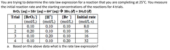 You are trying to determine the rate law expression for a reaction that you are completing at 25°C. You measure
the initial reaction rate and the starting concentrations of the reactions for 4 trials.
BrO3(aq) + 5Br (aq) + 6H+ (aq) → 3Br₂ (€) + 3H₂O(l)
a.
Trial [BrO3]
(mol/L)
0.10
0.20
0.10
0.10
Based on the above data what is the rate law expression?
1
2
[H]
[Br] Initial rate
(mol/L)| (mol/L)| (mol/L.s)
0.10
0.10
8.0
0.10
0.10
0.20
0.10
0.10
0.20
3
4
16
16
32