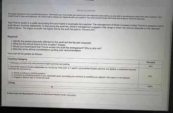 FORUM DESCRIPTION
All chapter discussions are 'post-first discussions. That means you must create and submit your own response (post) before you are able to see discussion posts from other students. Click
create thread to type your response. You cannot edit or delete your response after you submit it. Your post should include 300 words and at least a 100-word response.
Tana Thorne works in a public accounting firm and hopes to eventually be a partner. The management of Allnet Company invites Thorne to prepare a bid to
audit Allnet's financial statements. In discussing the audit fee, Allnet's management suggests a fee range in which the amount depends on the reported
profit of Allnet. The higher its profit, the higher will be the audit fee paid to Thorne's firm.
Required
1. Identify the parties potentially affected by this audit and the fee plan proposed.
2. What are the ethical factors in this situation? Explain.
3. Would you recommend that Thorne accept this audit fee arrangement? Why or why not?
4. Describe some ethical considerations guiding your recommendation.
Your post will be graded as follows:
Grading Category
1. Addresses prompt(s) fully using standard English grammar and spelling.
2. Substantial response to two classmates (do not just say "Nice post" or "I agree") using standard English grammar and spelling. A substantial response
continues the discussion by:
a. Asking a probing or clarifying question.
b. Comment on something specific in your classmate's post, connecting your comment to something you leared in the class or in the textbook.
c. Suggest a different way to handle the issue.
TOTAL
Need help with Blackboard? Review the Blackboard Student Guide, Discussion.
Percent
80%
20%
100%