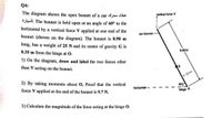 Q4:
The diagram shows the open bonnet of a car
vortical force V
ijlull. The bonnet is held open at an angle of 60° to the
horizontal by a vertical force V applied at one end of the
bonnet (shown on the diagram). The bonnet is 0.90 m
long, has a weight of 25 N and its center of gravity G is
car bonnet-
0.35 m from the hinge at O.
0.90m
1) On the diagram, draw and label the two forces other
than V acting on the bonnet.
635m
2) By taking moments about 0, Proof that the vertical
force V applied at the end of the bonnet is 9.7 N.
horizonlal -
hinge O
3) Calculate the magnitude of the force acting at the hinge O.
