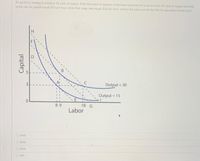 An ag firm is looking to produce 30 units of output. If the firm were to operate at the least-cost level of inputs to reach 30 units of output and their
rental rate on capital equals $50 per hour while their wage rate equals $10 per hour, what is the total cost for the firm for operation at that level?
3
Output = 30
Output = 15
89
18 G
Labor
O $340
O $500
O $230
O S60
Capital
5.
