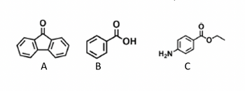 The image displays three chemical structures labeled A, B, and C.

- **Structure A**: This structure shows a compound with two fused aromatic rings (naphthalene) and a carbonyl group (ketone) attached to one of the rings, representing 1-acetylnaphthalene.

- **Structure B**: This structure depicts a benzene ring attached to a carboxylic acid group, indicating benzoic acid.

- **Structure C**: This structure includes a benzene ring with an amino group (NH₂) and an ester functional group (O=C-O-ethyl), representing ethyl 4-aminobenzoate.

Each structure highlights different functional groups and aromatic rings, which are fundamental in organic chemistry.