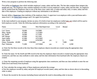 Write a Java program to perform the following task:
First define an Employee class which includes employee's name, salary and hire date. The hire date contains three integers day,
month and year. The Employee class contains methods to be able to access employee's name, salary and hire date. An employee
can be created from the Employee class in one of the three ways: name only; or name and salary only; or name, salary and hire
date of the employee. Creating an employee without any information is not allowed.
Second, define a Supervisor class (subclass of the employee class). A supervisor is an employee with a year-end bonus and a
status level: L for lower level manager and U for upper level position.
In the main method in your program, declare an array of to hold at least ten employees (called emp ary) which will be used to
hold employee records. Enter the following employee information according to the instruction
Name
Salary
Hire Date Supervisor
Level
Bonus
Lori Green
50,000
47,000
54,000
63,000
41,000
65,000
3/4/2000
11/2/2001
Mary Spade
Joe Smith
5/7/1999
Jeff Berger
April Apple
John Smith
8/2/1995
4/23/2002
6/30/2003
yes
L
5,000
Ginny Fernandez 69,000
Paul Fullerton
1/20/2001
U
7,000
yes
2/27/2004
71,000
yes
L
4,500
a). Enter the first three records at the time these three employee objects (records) are created using the appropriate class
constructor.
b). Enter the name for the fourth and fifth record at the time the employee object (record) is created using the appropriate class
constructor, and then use class methods to enter salary and hire date information from keyboard after the employee objects are
created.
c). Enter the remaining records of employee using the appropriate class constructor, and then use class methods to enter the rest
fields (level and bonus) from keyboard.
d). Now calculate the average salary of these employees and print the average.
e) Sort the employee records by salary and print all employee records (name, salary and hire date as shown above) in descending
order in salary.
f). Resort the records by the income (including bonus) and print the result in descending order in income.
