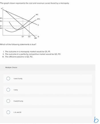 The graph shown represents the cost and revenue curves faced by a monopoly.
22
P3
P2
P1
PO
MC
ATC
Q1
Q2
MR
Which of the following statements is true?
1. The outcome in a monopoly market would be Q1, P1.
II. The outcome in a perfectly competitive market would be Q2, P2.
III. The efficient outcome is Q2, P2.
Multiple Choice
I and II only
○ I only
II and Ill only
I, II, and III
b