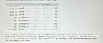 es
Annual and Average Returns for Stocks, Bonds, and T-Bills, 1950 to 2017
1950 to 2017 Average
1950 to 1959
1960 to 1969
1970 to 1979
Average
Average
Average
Average
1980 to 1989
1990 to 1999
Average
Average
2000 to 2009
Annual Return
Annual Return
2010
2011
2012 Annual Return
2013 Annual Return
2014 Annual Return
2015 Annual Return
2016 Annual Return
2017 Annual Return
2010 to 2017 Average
Stocks
12.7%
20.9
8.7
7.5
18.2
19.0
0.9
15.1
2.1
16.0
32.4
13.7
1.4
12.0
21.8
14.3
Long-Term Treasury
Bonds
6.6%
0.0
1.6
5.7
13.5
9.5
8.0
9.4
29.9
3.6
-12.7
25.1
-1.2
1.2
8.4
8.0
T-bills
4.30%
2.00
4.00
6.30
8.90
4.90
2.70
0.01
0.02
0.02
0.07
0.05
0.21
0.51
1.39
0.29
You have a portfolio with an asset allocation of 50 percent stocks, 32 percent long-term Treasury bonds, and 18 percent T-bills. Use
these weights and the returns given in the above table to compute the return of the portfolio in the year 2010 and each year since.
Then compute the average annual return and standard deviation of the portfolio. (Do not round intermediate calculations. Round
your answers to 2 decimal places.)