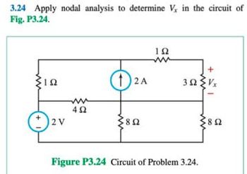 3.24 Apply nodal analysis to determine V, in the circuit of
Fig. P3.24.
ΣΙΩ
+1
2V
ww
402
ΙΩ
ww
+
⑪2A
2 A
30Vx
80
8Ω
Figure P3.24 Circuit of Problem 3.24.