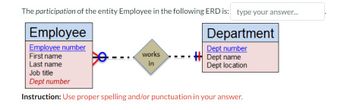 The participation of the entity Employee in the following ERD is: type your answer....
Employee
Department
Employee number
Dept number
works
First name
Dept name
Last name
in
Dept location
Job title
Dept number
Instruction: Use proper spelling and/or punctuation in your answer.