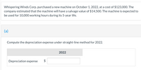 Whispering Winds Corp. purchased a new machine on October 1, 2022, at a cost of $123,000. The
company estimated that the machine will have a salvage value of $14,500. The machine is expected to
be used for 10,000 working hours during its 5-year life.
(a)
Compute the depreciation expense under straight-line method for 2022.
2022
Depreciation expense
%24
