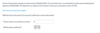 **Culver Corporation Bond Sinking Fund Analysis**

Culver Corporation, having recently issued a $20,062,200, 15-year bond issue, is committed to making annual sinking fund deposits of $620,000. These deposits are made on the last day of each year and yield a 10% return.

[Click here to view factor tables]

**Analysis Question:**

- Will the fund at the end of 15 years be sufficient to retire the bonds?

**Calculation Requirement:**

- **Future value of an ordinary annuity:** \$ [Input box for amount]

**Decision:**

- **Will funds be sufficient?** [Dropdown menu with options "No" and another option]

This text is intended to guide financial analysis involving future value calculations for a structured financial plan.