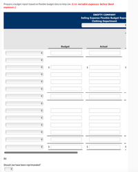 Prepare a budget report based on flexible budget data to help Joe. (List variable expenses before fixed
expenses.)
SWIFTY COMPANY
Selling Expense Flexible Budget Repor
Clothing Department
Budget
Actual
$
$
$
$
2$
$
(b)
Should Joe have been reprimanded?
