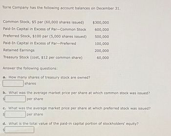 Torre Company has the following account balances on December 31.
Common Stock, $5 par (60,000 shares issued)
Paid-In Capital in Excess of Par-Common Stock
Preferred Stock, $100 par (5,000 shares issued)
Paid-In Capital in Excess of Par-Preferred
Retained Earnings
Treasury Stock (cost, $12 per common share)
Answer the following questions:
a. How many shares of treasury stock are owned?
shares
$300,000
600,000
500,000
100,000
200,000
60,000
b. What was the average market price per share at which common stock was issued?
$
per share
c. What was the average market price per share at which preferred stock was issued?
$
per share
d. What is the total value of the paid-in capital portion of stockholders' equity?