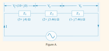 V=(10+j0) —
V₂
V3
Z1
Z2
Z3
(3+ j4) Ω
(2+ j3.46) 2
(1-j7.46) Ω
Figure A.