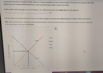 Suppose that the perfectly competitive chicken industry is in long-run equilibrium at a price of $3 per kilogram of chicken and a quantity of 600 million
kilograms per year. Suppose Health Canada issues a report saying that eating chicken is bad for your health.
Health Canada's report will cause consumers to demand chicken at every price. In the short run, firms will respond by
Shift the supply curve, the demand curve, or both on the following diagram to illustrate these short-run effects of Health Canada's announcement.
Note: Select and drag one or both of the curves to the desired position. Curves will snap into position, so if you try to move a curve and it snaps back
to its original position, just drag it a little farther
?
Supply
Demand
PRICE (Dollars per kilogram)
QUANTITY (Millions of kilograms)