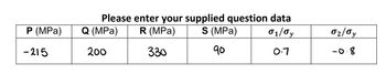 P (MPa)
-215
Please enter your supplied question data
R (MPa)
S (MPa)
01/0y
330
90
0.7
Q (MPa)
200
02/0y
-0.8