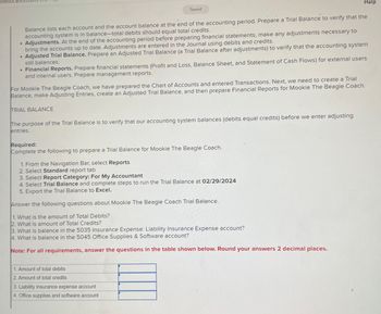 Saved
Help
Balance lists each account and the account balance at the end of the accounting period. Prepare a Trial Balance to verify that the
accounting system is in balance-total debits should equal total credits.
.Adjustments. At the end of the accounting period before preparing financial statements, make any adjustments necessary to
bring the accounts up to date. Adjustments are entered in the Journal using debits and credits.
Adjusted Trial Balance. Prepare an Adjusted Trial Balance (a Trial Balance after adjustments) to verify that the accounting system
still balances.
⚫ Financial Reports. Prepare financial statements (Profit and Loss, Balance Sheet, and Statement of Cash Flows) for external users
and internal users. Prepare management reports.
For Mookie The Beagle Coach, we have prepared the Chart of Accounts and entered Transactions. Next, we need to create a Trial
Balance, make Adjusting Entries, create an Adjusted Trial Balance, and then prepare Financial Reports for Mookie The Beagle Coach.
TRIAL BALANCE
The purpose of the Trial Balance is to verify that our accounting system balances (debits equal credits) before we enter adjusting
entries.
Required:
Complete the following to prepare a Trial Balance for Mookie The Beagle Coach.
1. From the Navigation Bar, select Reports
2. Select Standard report tab
3. Select Report Category: For My Accountant
4. Select Trial Balance and complete steps to run the Trial Balance at 02/29/2024
5. Export the Trial Balance to Excel.
Answer the following questions about Mookie The Beagle Coach Trial Balance.
1. What is the amount of Total Debits?
2. What is amount of Total Credits?
3. What is balance in the 5035 Insurance Expense: Liability Insurance Expense account?
4. What is balance in the 5045 Office Supplies & Software account?
Note: For all requirements, answer the questions in the table shown below. Round your answers 2 decimal places.
1. Amount of total debits
2. Amount of total credits
3. Liability insurance expense account
4. Office supplies and software account