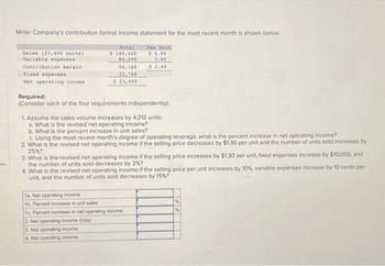 es
Miller Company's contribution format income statement for the most recent month is shown below:
Per Unit
$ 6.00
3.60
$ 2.40
Sales (23,400 units)
Variable expenses
Contribution margini
Fixed expenses
Net operating income
Total
$ 140,400
84,240
56,160
32,760
$ 23,400
Required:
(Consider each of the four requirements independently):
1. Assume the sales volume increases by 4,212 units:
a. What is the revised'net operating income?
b. What is the percent increase in unit sales?
c. Using the most recent month's degree of operating leverage, what is the percent increase in net operating income?
2. What is the revised net operating income if the selling price decreases by $1.30 per unit and the number of units sold increases by
25%?
3. What is the revised net operating income if the selling price increases by $1.30 per unit, fixed expenses increase by $10,000, and
the number of units sold decreases by 2% ?
4. What is the revised net operating income if the selling price per unit increases by 10%, variable expenses increase by 10 cents per
unit, and the number of units sold decreases by 15%?
1a. Net operating income
1b. Percent increase in unit sales
1c. Percent increase in net operating income
2. Net operating income (loss)
3. Net operating income
4. Net operating income