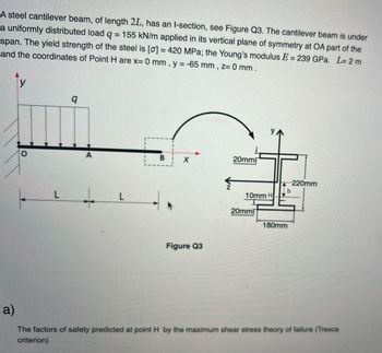 A steel cantilever beam, of length 2L, has an I-section, see Figure Q3. The cantilever beam is under
a uniformly distributed load q = 155 kN/m applied in its vertical plane of symmetry at OA part of the
span. The yield strength of the steel is [0] = 420 MPa; the Young's modulus E = 239 GPa. L= 2 m
and the coordinates of Point H are x= 0 mm, y = -65 mm, z= 0 mm .
O
q
A
↓
L
B
X
Figure Q3
20mm
10mm H
20mm
180mm
-220mm
a)
The factors of safety predicted at point H by the maximum shear stress theory of failure (Tresca
criterion)