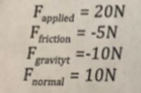 **Transcription:**

- \( F_{\text{applied}} = 20 \, \text{N} \)
- \( F_{\text{friction}} = -5 \, \text{N} \)
- \( F_{\text{gravity}} = -10 \, \text{N} \)
- \( F_{\text{normal}} = 10 \, \text{N} \)

**Explanation:**

This text lists different types of forces acting on an object. Each force is described with a label and a magnitude in newtons (N):

1. **Applied Force (\( F_{\text{applied}} \))**: This is the force exerted on an object by a person or another object, measured as 20 newtons.
   
2. **Frictional Force (\( F_{\text{friction}} \))**: This is the opposing force that acts against the motion, measured as -5 newtons. The negative sign indicates the force is acting in the opposite direction to the applied force.

3. **Gravitational Force (\( F_{\text{gravity}} \))**: This is the force exerted by gravity on the object, measured as -10 newtons. The negative sign suggests the direction of the force is downward.

4. **Normal Force (\( F_{\text{normal}} \))**: This is the support force exerted upon an object that is in contact with another stable object, measured as 10 newtons. It acts perpendicular to the surface.

No graphs or diagrams are present in this image.