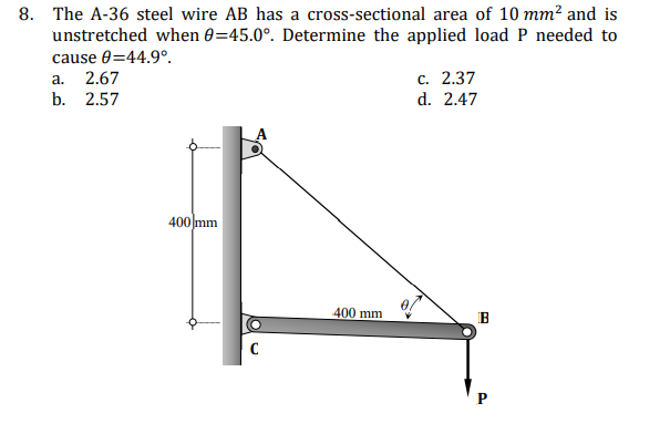 12 EXAMPLE Stress a cross-section a solid in equilibrium Example: A 20 Kg  load is suspended by a wire of cross section 0.4 mm2. What is the stress  produced in N/m² ?