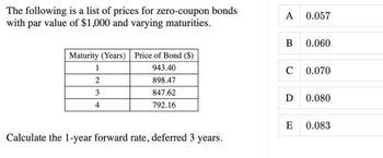 The following is a list of prices for zero-coupon bonds
with par value of $1,000 and varying maturities.
Maturity (Years) Price of Bond ($)
943.40
898.47
847.62
792.16
1
2
3
4
Calculate the 1-year forward rate, deferred 3 years.
A 0.057
B 0.060
с
D
0.070
0.080
E 0.083