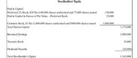 Stockholders' Equity
Paid in Capital:
Preferred 2% Stock, $50 Par (100,000 shares authorized and 75,000 shares issued
Paid in Capital in Excess of Par Value...Pre ferred Stock
150,000
25,000
Common Stock, $ı Par (1,000,000 shares authorized and $900,000 shares issued
Total Paid in Capital
1,000,000
1,175,000
Retained Earnings
2,000,000
Treasury Stock
10,000
Dividends Payable
(20,000)
Total Stockholder's Equity
3,165,000
