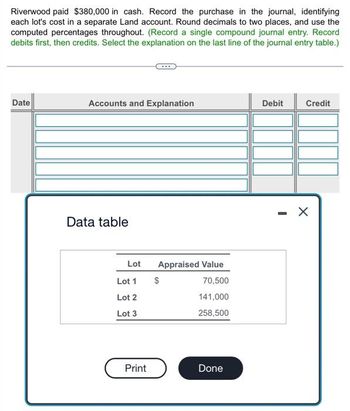 Riverwood paid $380,000 in cash. Record the purchase in the journal, identifying
each lot's cost in a separate Land account. Round decimals to two places, and use the
computed percentages throughout. (Record a single compound journal entry. Record
debits first, then credits. Select the explanation on the last line of the journal entry table.)
Date
Accounts and Explanation
Data table
Lot
Lot 1
Lot 2
Lot 3
Print
Appraised Value
70,500
141,000
258,500
$
Done
Debit
Credit
X