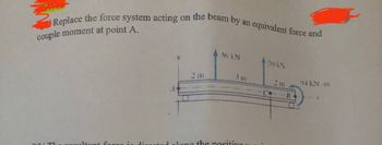 Replace the force system acting on the beam by an equivalent force and
couple moment at point A.
foroo
A
2 m
36 kN
3 m
d along the positive u
20 KN
Co
2 m
B
94 kN.m