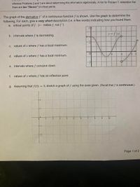 whereas Problems 2 and 3 are about determining this information algebraically. A hint for Problem 1: remember that
there are two "flavors" of critical points.
. The graph of the derivative f'of a continuous function f is shown. Use the graph to determine the
following. For each, give a very short description (i.e. a few words) indicating how you found them.
a. critical points of f. ( notice f, not f ')
yf
y= f(x)
b. intervals where f is decreasing.
2
C. values of x where f has a local maximum.
6.
d. values of x where f has a local minimum.
-2
e. intervals where f concave down.
f. values of x where f has an inflection point
g. Assuming that f(0)
= 0, sketch a graph of f using the axes given. (Recall that f is continuous.)
+2
-1
5.
6.
10
Page 1 of 2
