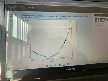 ← → C
Questic 12
Not ye
answe
Marke
5.00
Flas
quest
moodle.federation.edu.au/mod/quiz/attempt.php?attempt=2516647&cmid=6034325&page=11
Federation
noodle
Time left 0:19:53
Using matplotlib library, plot the graph of the function y=x²-2*x +4, where values of x are taken from the interval [0.2]
with step 0.1. The output of your program should look similar to the one below:
Figure 1
X
1.25 1.50
0.50
Type here to search
0.00
0.25
0.75
O
1.00
X values
E
n
1.75 2.00
COMPRE
Q9
A
Quiz navigation
Finish attempt...
17°C Sunny69