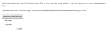 Riverbed Co. invested $980,000 in Marin Co. for 25% of its outstanding stock. Marin Co. pays out 40% of net income in dividends each
year.
Use the information in the following T-account for the investment in Marin to answer the following questions.
Investment in Marin Co.
980,000
108,000
43,200