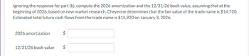 Ignoring the response for part (b), compute the 2026 amortization and the 12/31/26 book value, assuming that at the
beginning of 2026, based on new market research, Cheyenne determines that the fair value of the trade name is $14,720.
Estimated total future cash flows from the trade name is $15,920 on January 3, 2026.
2026 amortization
GA
12/31/26 book value $