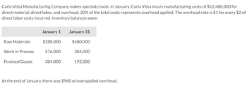 Carla Vista Manufacturing Company makes specialty tools. In January, Carla Vista incurs manufacturing costs of $12,480,000 for
direct material, direct labor, and overhead. 20% of the total costs represents overhead applied. The overhead rate is $1 for every $2 of
direct labor costs incurred. Inventory balances were:
Raw Materials
Work in Process
Finished Goods
January 1
$288,000
576,000
384,000
January 31
$480,000
384,000
192,000
At the end of January, there was $960 of overapplied overhead.