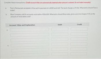 Consider these transactions. (Credit account titles are automatically indented when amount is entered. Do not indent manually)
Tony's Restaurant accepted a Visa card in payment of a $200 lunch bill. The bank charges a 2% fee. What entry should Tony's
make?
a.
b.
Blue Company sold its accounts receivable of $86,000. What entry should Blue make, given a service charge of 3% on the
amount of receivables sold?
Account Titles and Explanation
Debit
Credit