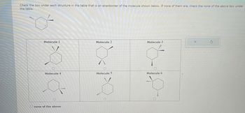 Check the box under each structure in the table that is an enantiomer of the molecule shown below. If none of them are, check the none of the above box under
the table.
11...
Molecule 1
TU
Molecule 4
B...
0
none of the above
Molecule 2
...
Molecule 5
0
Molecule 3
*****
Molecule 6
X
5