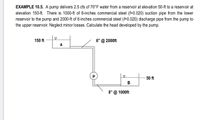 EXAMPLE 10.5. A pump delivers 2.5 cfs of 70°F water from a reservoir at elevation 50-ft to a reservoir at
elevation 150-ft. There is 1000-ft of 8-inches commercial steel (f=0.020) suction pipe from the lower
reservoir to the pump and 2000-ft of 6-inches commercial steel (f=0.020) discharge pipe from the pump to
the upper reservoir. Neglect minor losses. Calculate the head developed by the pump.
150 ft
6"
@ 2000ft
P
50 ft
8" @ 1000ft
