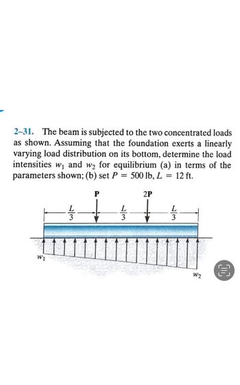 2–31. The beam is subjected to the two concentrated loads
as shown. Assuming that the foundation exerts a linearly
varying load distribution on its bottom, determine the load
intensities w, and w2 for equilibrium (a) in terms of the
parameters shown; (b) set P = 500 lb, L = 12 ft.
%3D
P
2P
L
3
3
W1
W2
/3
