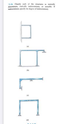 *2-16. Classify each of the structures as statically
determinate, statically indeterminate, or unstable. If
indeterminate, specify the degree of indeterminacy.
(a)
(b)
(c)
(d)
Dueb
2 16
