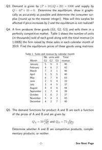 Q3. Demand is given by (P+ 10)(Q + 20) = 1000 and supply by
Q – 4P+ 10 = 0. Determine the equilibrium, show it graphi-
cally as accurately as possible and determine the consumer sur-
plus (round up to the nearest integer). How will this surplus be
affected if price increases by 2 and the equilibrium is not realized?
Q4. A firm produces three goods (G1, G2, G3) and sells them in a
perfectly competitive market. Table 1 shows the number of units
(in thousands) sold of each good along with the total revenue (in
1,000$) the firm raised by these sales in each calendar month of
2019. Find the equilibrium prices of these goods using matrices.
Table 1: Sales and revenue by calendar month
Nb. units sold
Total
Month
G1 G2 G3
revenue
January
February
March
3
46
6.
2
42
7
3
1
46
April
May
3
40
7
63
June
2
4
33
July
August
September
4
37
4
4
44
2
7
4
39
October
3
2
37
November
4
3
43
December
4
2
7
40
Q5. The demand functions for product A and B are each a function
of the prices of A and B and are given by:
QA = 50 and QB = 75
VPA
Determine whether A and B are competitive products, comple-
mentary products, or neither.
- 2-
See Next Page
