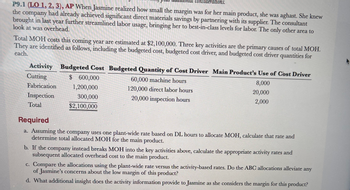 ### Activity-Based Costing Application and Analysis

**Scenario Overview:**
Jasmine, upon realizing the low margin of her main product, discovered that the company's overhead cost was the last area to be optimized after achieving savings in direct materials and labor. The estimated total Manufacturing Overhead (MOH) costs for the coming year are $2,100,000, linked to three key activity areas.

**Activity Cost Breakdown:**

| **Activity**     | **Budgeted Cost** | **Budgeted Quantity of Cost Driver** | **Main Product’s Use of Cost Driver** |
|------------------|-------------------|-------------------------------------|---------------------------------------|
| Cutting          | $600,000          | 60,000 machine hours                | 8,000                                 |
| Fabrication      | $1,200,000        | 120,000 direct labor hours          | 20,000                                |
| Inspection       | $300,000          | 20,000 inspection hours             | 2,000                                 |
| **Total**        | **$2,100,000**    |                                     |                                       |

**Required Analysis:**

a. **Plant-Wide Overhead Rate Calculation:**
   - Assuming a plant-wide rate based on direct labor hours (DL hours), calculate the rate and determine total allocated MOH for the main product.

b. **Activity-Based Costing (ABC) Rate Calculation:**
   - Calculate activity rates if the company utilizes activity-based costing for the activities listed. Subsequently, allocate overhead costs to the main product.

c. **Comparative Analysis:**
   - Compare allocations derived from plant-wide rate and activity-based costing. Determine if the ABC method helps mitigate any concerns related to the low product margin.

d. **Additional Insights:**
   - Analyze what further insights the activity-based information provides Jasmine as she considers the margin for her product.

This exercise intends to help understand the financial impacts of different overhead allocation methods and their implications for product profitability.