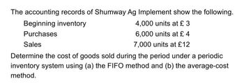 The accounting records of Shumway Ag Implement show the following.
Beginning inventory
4,000 units at £ 3
Purchases
6,000 units at £ 4
Sales
7,000 units at £12
Determine the cost of goods sold during the period under a periodic
inventory system using (a) the FIFO method and (b) the average-cost
method.