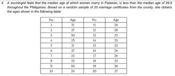 4. A sociologist feels that the median age at which women marry in Palawan, is less than the median age of 26.9
throughout the Philippines. Based on a random sample of 20 marriage certificates from the county, she obtains
the ages shown in the following table:
No.
1
2
3
4
5
6
7
8
9
10
Age
31
27
30
25
21
27
32
23
30
24
No.
11
12
13
14
15
16
17
18
19
20
Age
24
28
25
23
22
24
24
22
26
27