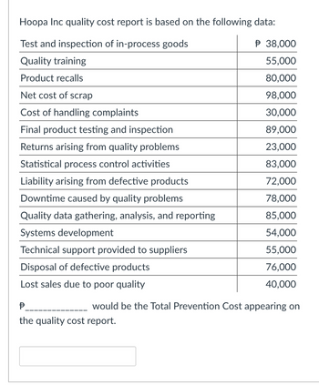 Hoopa Inc quality cost report is based on the following data:
Test and inspection of in-process goods
Quality training
Product recalls
Net cost of scrap
Cost of handling complaints
Final product testing and inspection
Returns arising from quality problems
Statistical process control activities
Liability arising from defective products
Downtime caused by quality problems
Quality data gathering, analysis, and reporting
Systems development
Technical support provided to suppliers
Disposal of defective products
Lost sales due to poor quality
$ 38,000
55,000
80,000
98,000
30,000
89,000
23,000
83,000
72,000
78,000
85,000
54,000
55,000
76,000
40,000
尹
the quality cost report.
would be the Total Prevention Cost appearing on