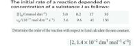 The initial rate of a reaction depended on
concentration of a substance J as follows:
D,/(mmol dm-³)
vo/(10-7 mol dm=³s=1)
5.0
8.2
17
30
3.6
9.6
41
130
Determine the order of the reaction with respect to J and calculate the rate constant.
[2, 1.4 x 10-2 dm³ mol-!s-1]
