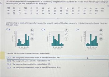 The table shows prices of 50 college textbooks in a community college bookstore, rounded to the nearest dollar. Make an appropriate graph
the distribution of the data, and describe the distribution.
134 31
86
14
85
73 76
Frequency
13
120
30 47
83
14-
12-
10
84
43
27
57
30 60 90 120
Cost (dollars)
93
62
25 91
94
44
Q
Use technology to create a histogram for the data. Use bins with a width of 15 dollars, centered in 15 dollar increments. Choose the correct
histogram below.
O А.
OB.
41
90
74
Frequency
144
12-
46 33 118 92
29 58 105
75
42
12
10-
8-
64
4-
CILE
30 60 90 120
Cost (dollars)
Describe the distribution. Choose the correct answer below.
OA. The histogram is bimodal with modes at about $30 and about $90.
B. The histogram is unimodal with a mode at about $60.
C. The histogram is unimodal with a mode at about $30.
D. The histogram is bimodal with modes at about $60 and about $120.
77 28
59 84 24
32 61 60
G
O.C.
fouanbau
89 88 104
26 119 135
45 87
144
12-
10-
8-
6-
30 60 90 120
Cost (dollars)
Q
OU