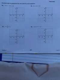 Time (min)
Use intercepts to graph the line described by each equation.
13. -6y = -4x + 24
14. 9y = 3x + 18
îy
8.
8
4-
4
-8
-4
4
8
-8
-4
4
8
-4
-4
-8-
0.00.3
15. y=x+2
16. -Зу — 7x- 21
8.
4
4
-8
4
8
-8
-4
4.
-4
-4
-8
-8-
Module 5
217
Lesson 2
